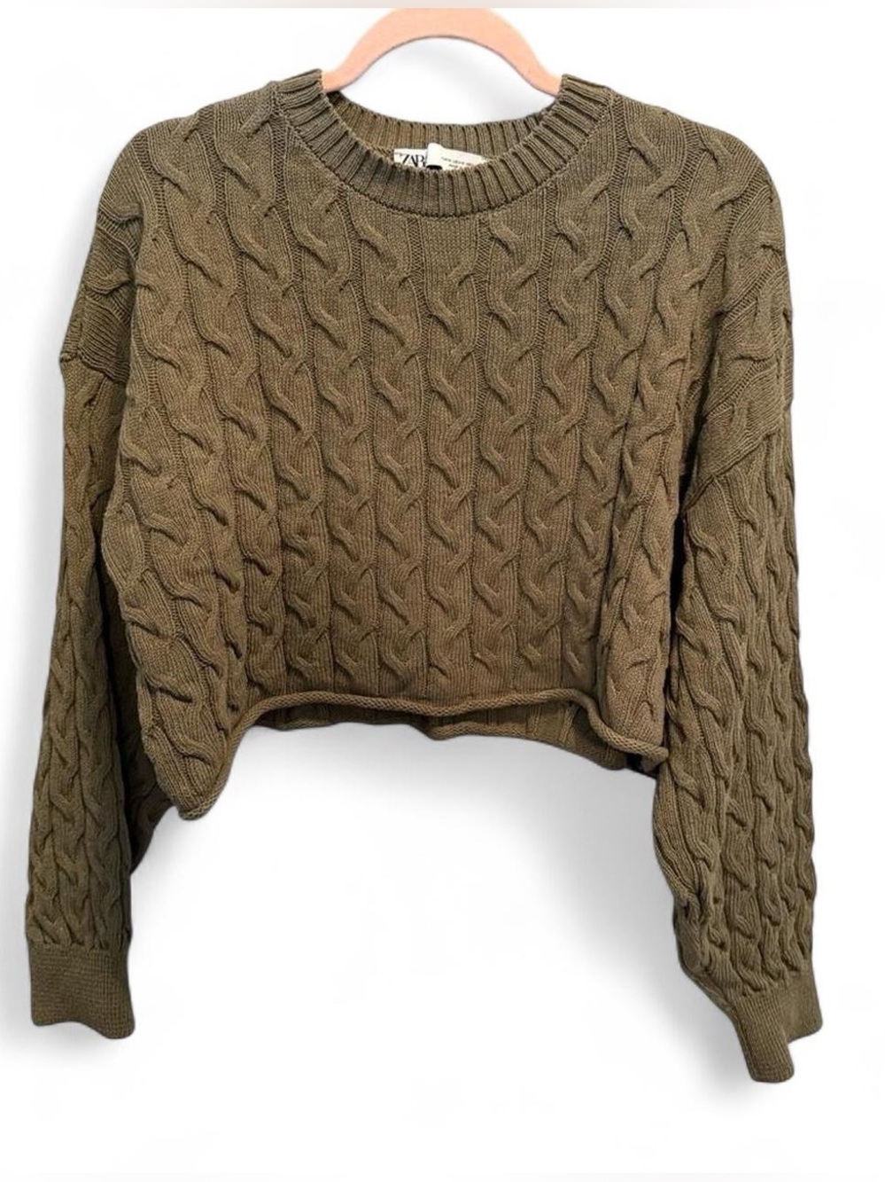 Zara Olive Green Cable Knit Cropped Sweater Medium Fall Autumn Winter Basic Boho